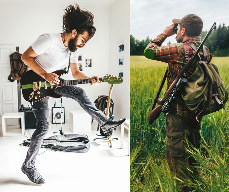 Separate photos of a man playing guitar and a man using binoculars while hunting